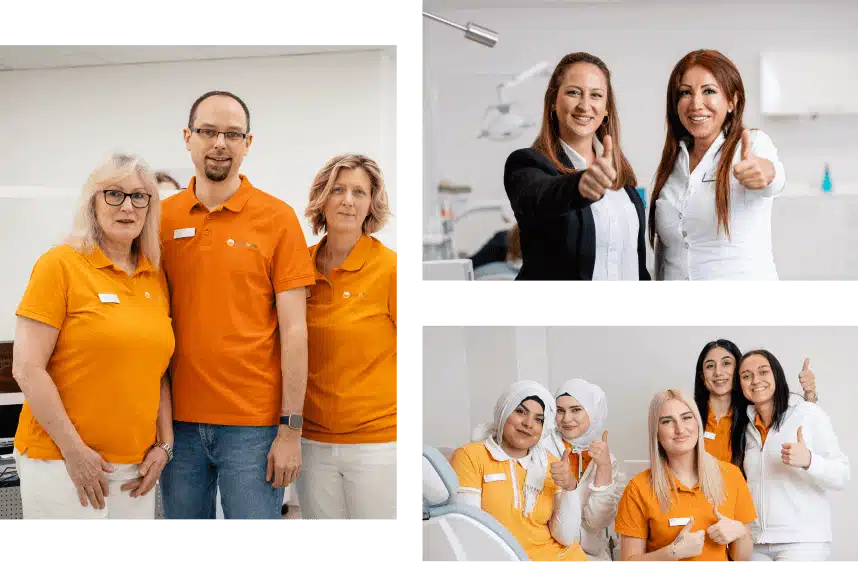 Kollage mit Bildern des SmileforYou-Teams: Auf dem linken Bild sind zwei Frauen und ein Mann zu sehen. Auf dem rechten Bild halten zwei Frauen ihre Daumen hoch. Auf dem unteren Bild lächeln fünf Frauen und heben ihre Daumen.